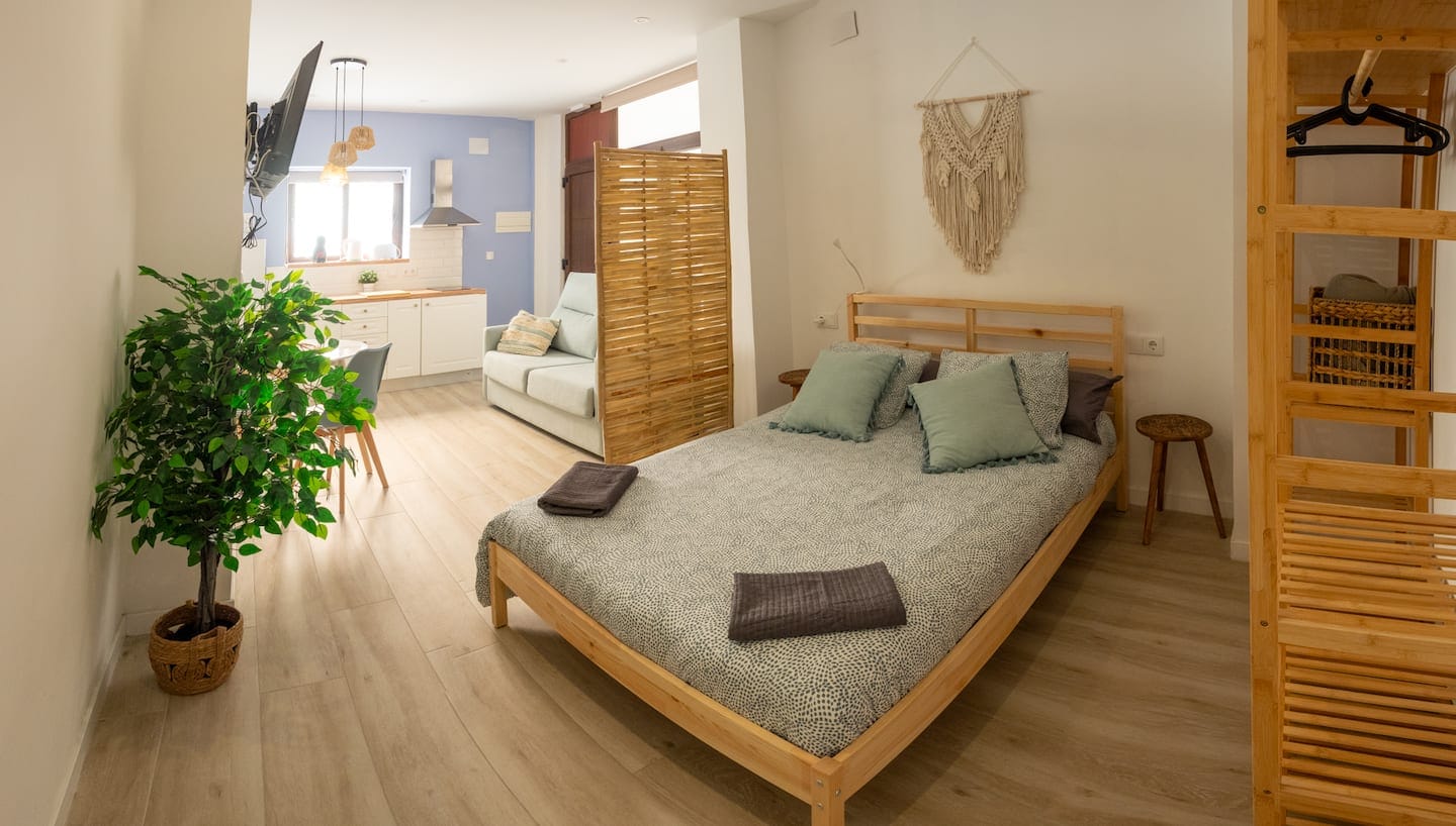 Estudio diáfano con cama doble, sofá y cocina